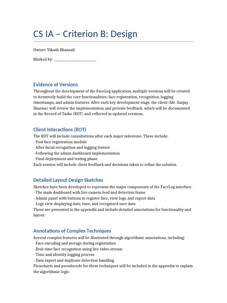 CS IA Criterion B Design FaceLog | PDF