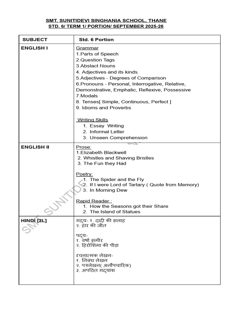 STD 6 Term 1 Portion September 2025 26 | PDF