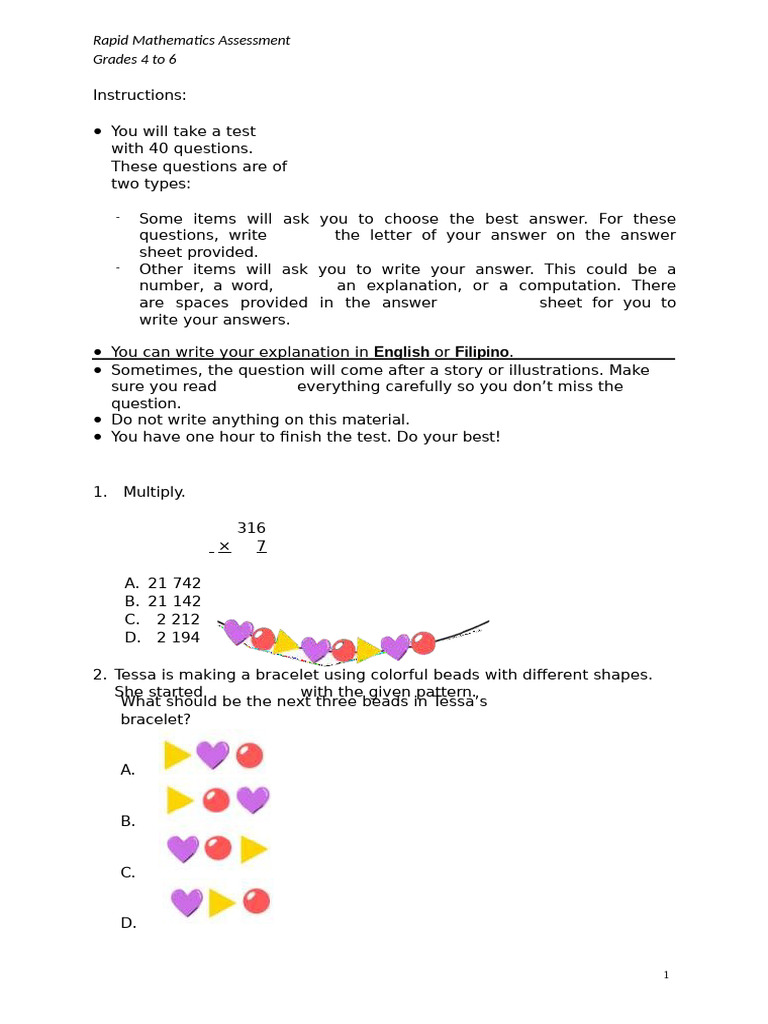 Rapid Mathematics Assessment Grades 4-6 | PDF | Area