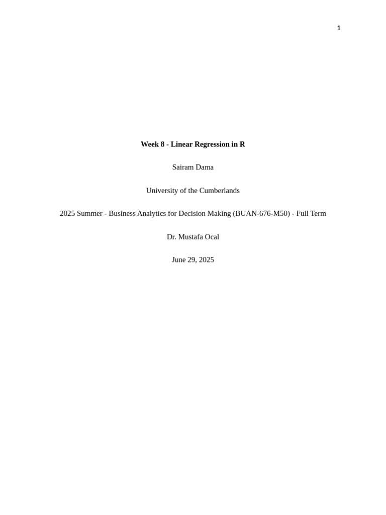 Linear Regression in R - Week 8 Guide | PDF