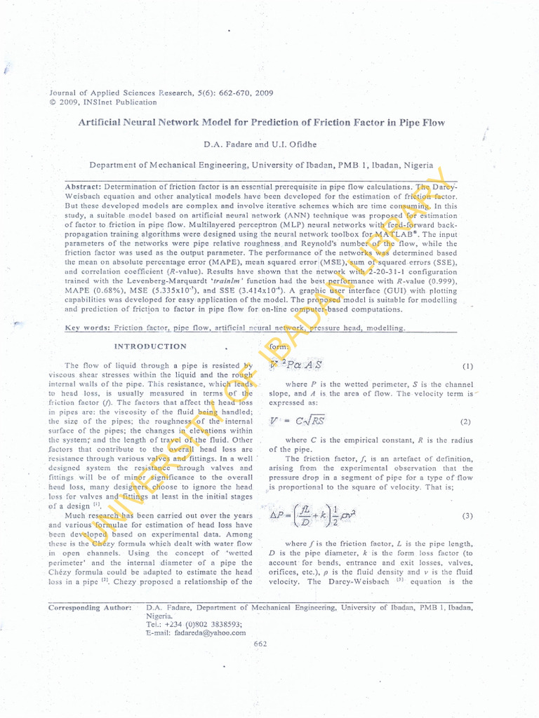 ANN Model for Pipe Flow Friction Factor | PDF | Mechanical Engineering ...