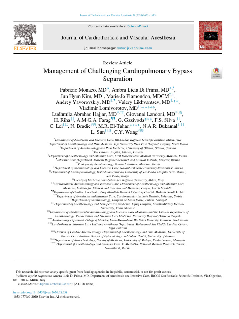Management of Challenging Cardiopulmonary Bypass Separation | PDF ...