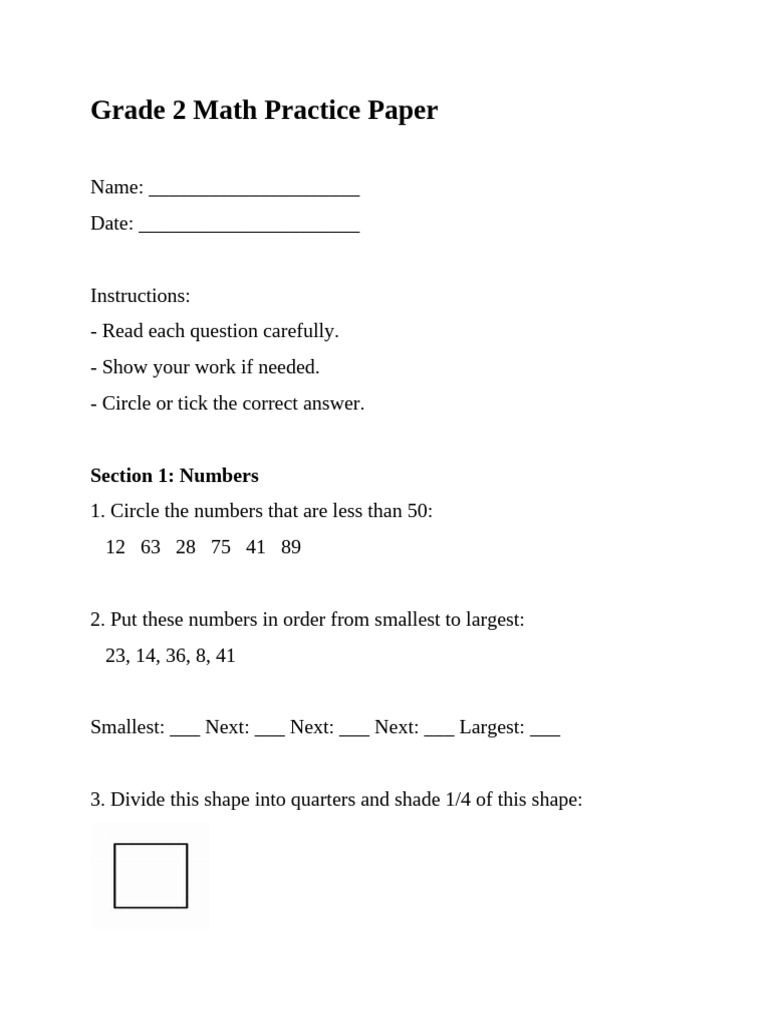 Grade 2 Math Test Paper Solutions | PDF