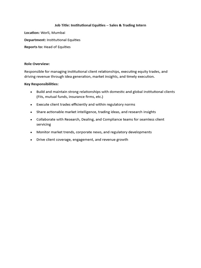 Sales & Trading Intern - Institutional Equities | PDF