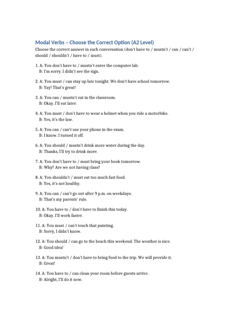 Modal Verbs Exercise for A2 Level | PDF | Chess Openings | Chess
