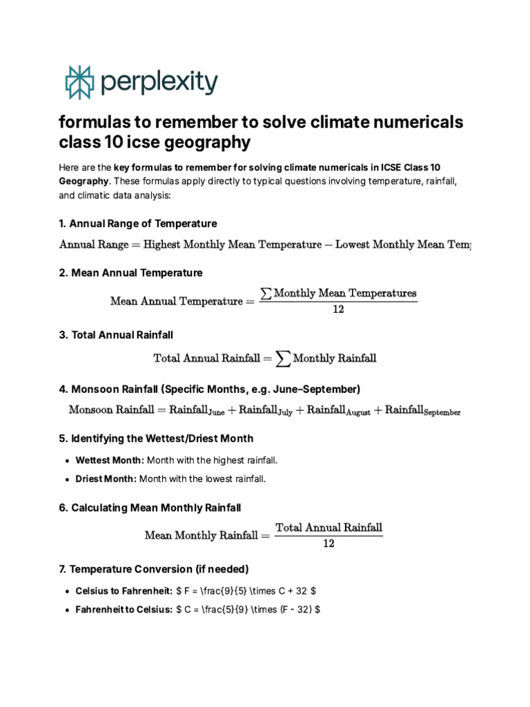 Climate Formulas for ICSE Class 10 | PDF