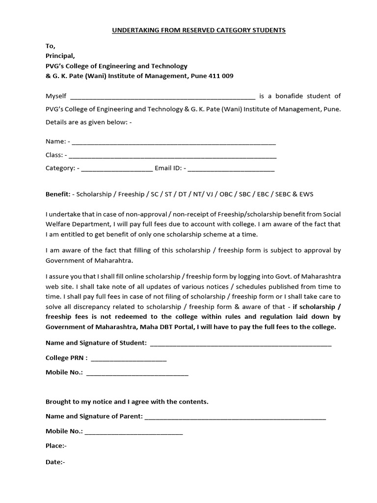 Undertaking for Scholarship Application | PDF