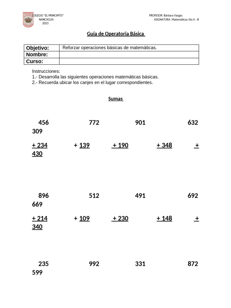 Guía de Operatoria Básica 5to A-B | PDF