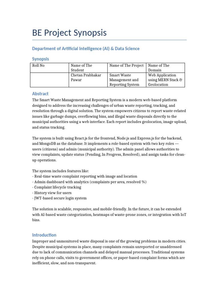 Waste Management Project Synopsis | PDF | Web Application | Software