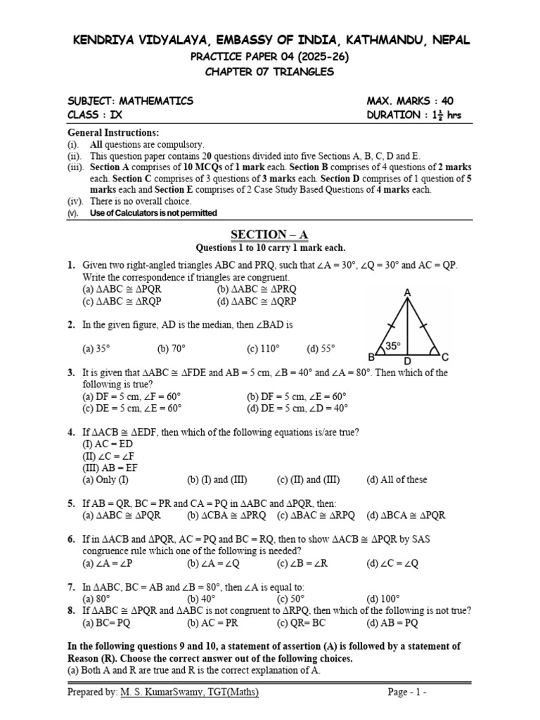 Class 9 Triangles Practice Paper | PDF | Triangle | Geometry