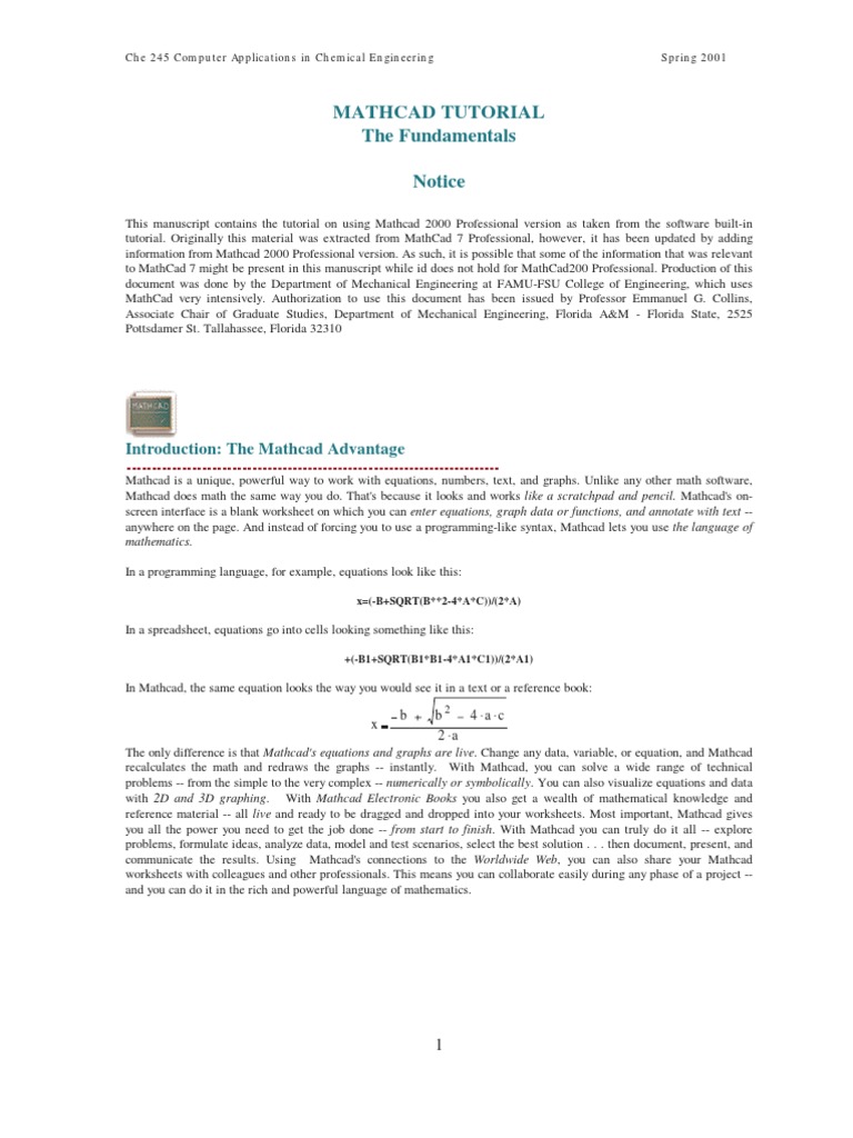 Mathcad Tutorial The Fundamentals Notice | PDF | Matrix (Mathematics ...