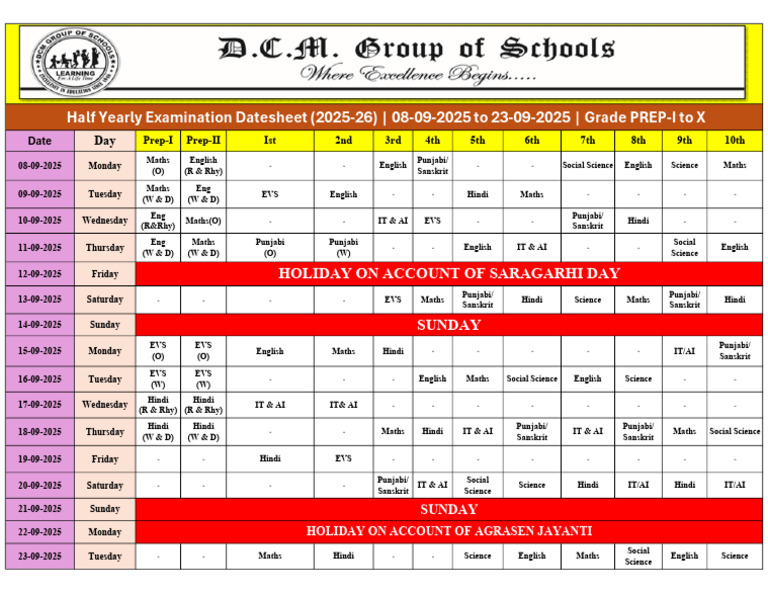 2025-26 Half Yearly Exam Schedule | PDF