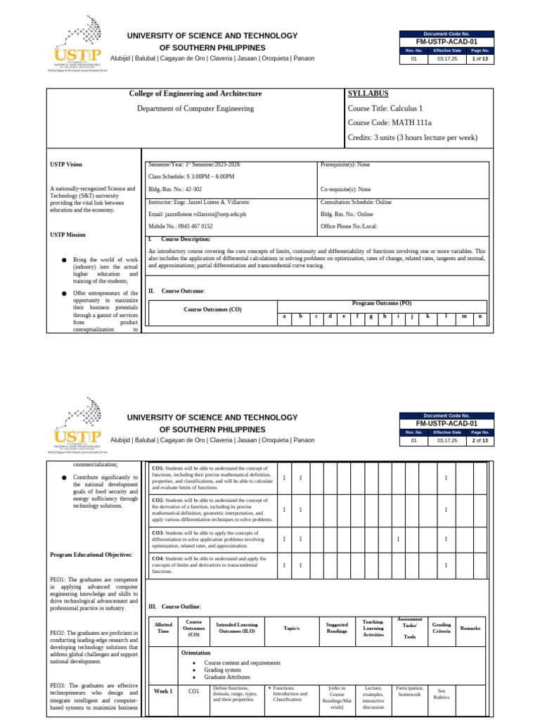 Calculus 1 Syllabus for MATH 111a | PDF | Function (Mathematics ...