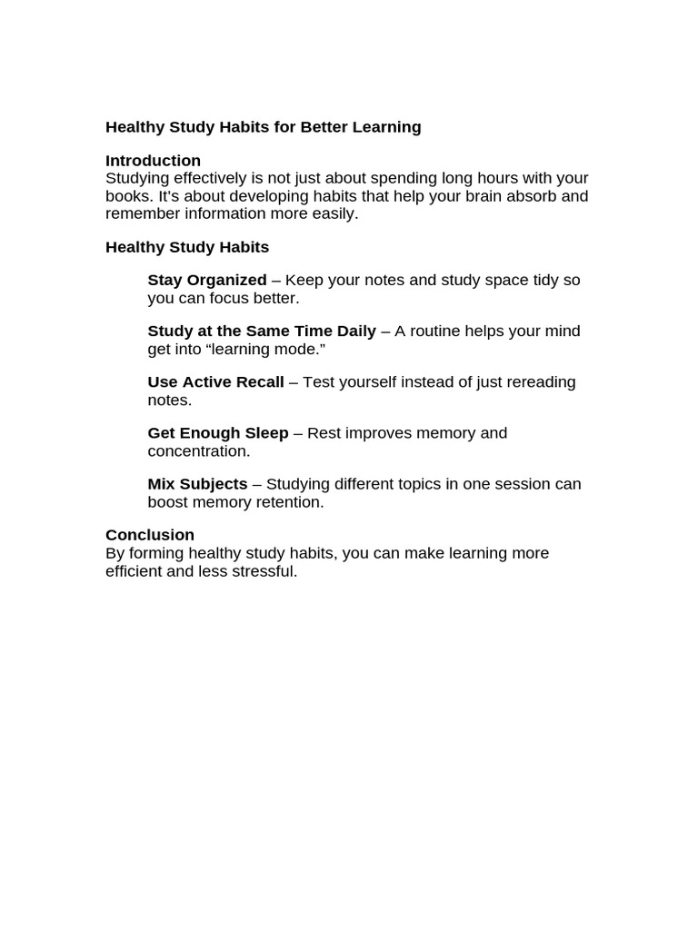Healthy Study Habits for Learning | PDF