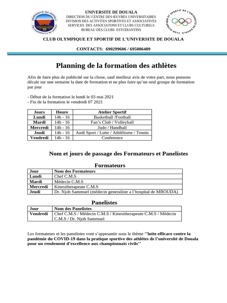Formation Athlètes Université Douala 2021 | PDF