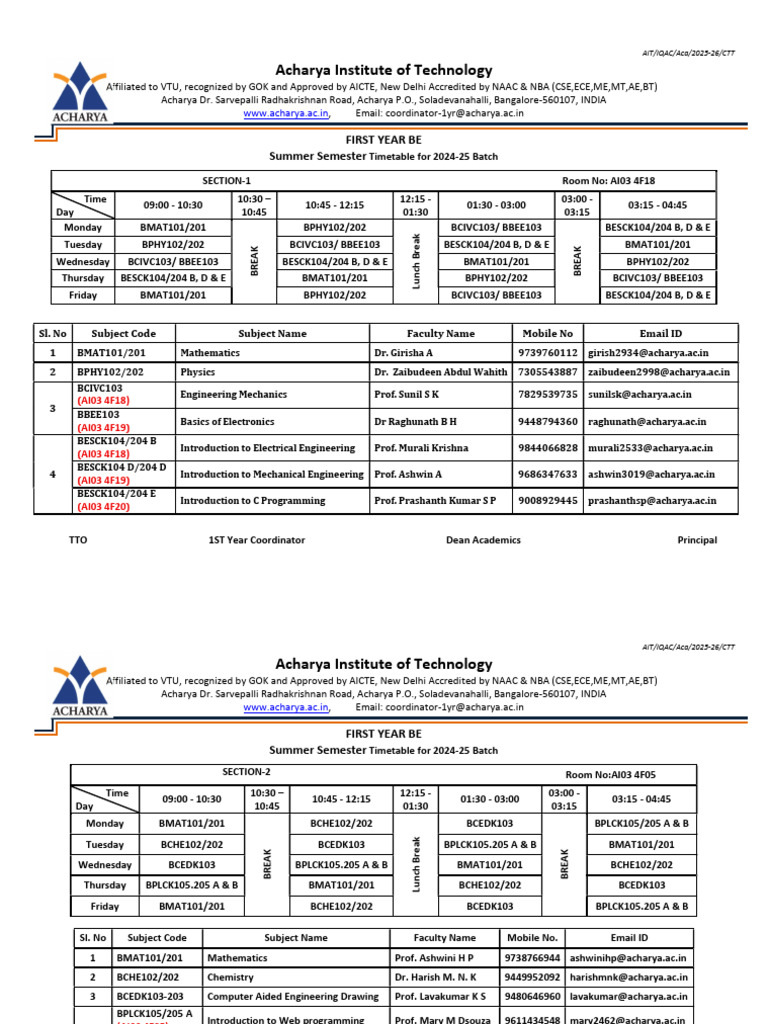 First Year BE Summer Timetable 2024-25 | PDF | Engineering