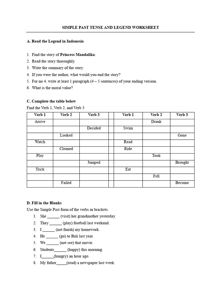 Simple Past Tense and Legend Worksheet | PDF | Verb | Grammar