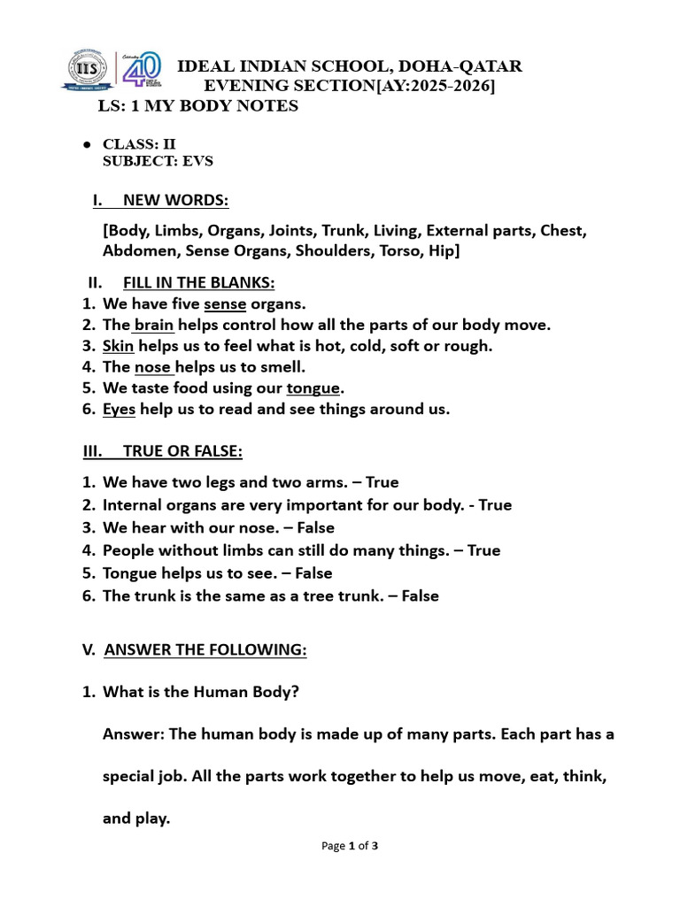 My Body: Class 2 EVS Notes | PDF