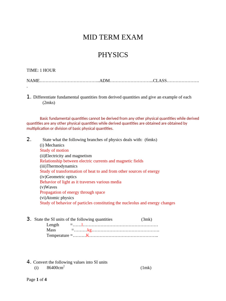 Midterm Physics Exam Questions and Solutions | PDF | Density | Physics