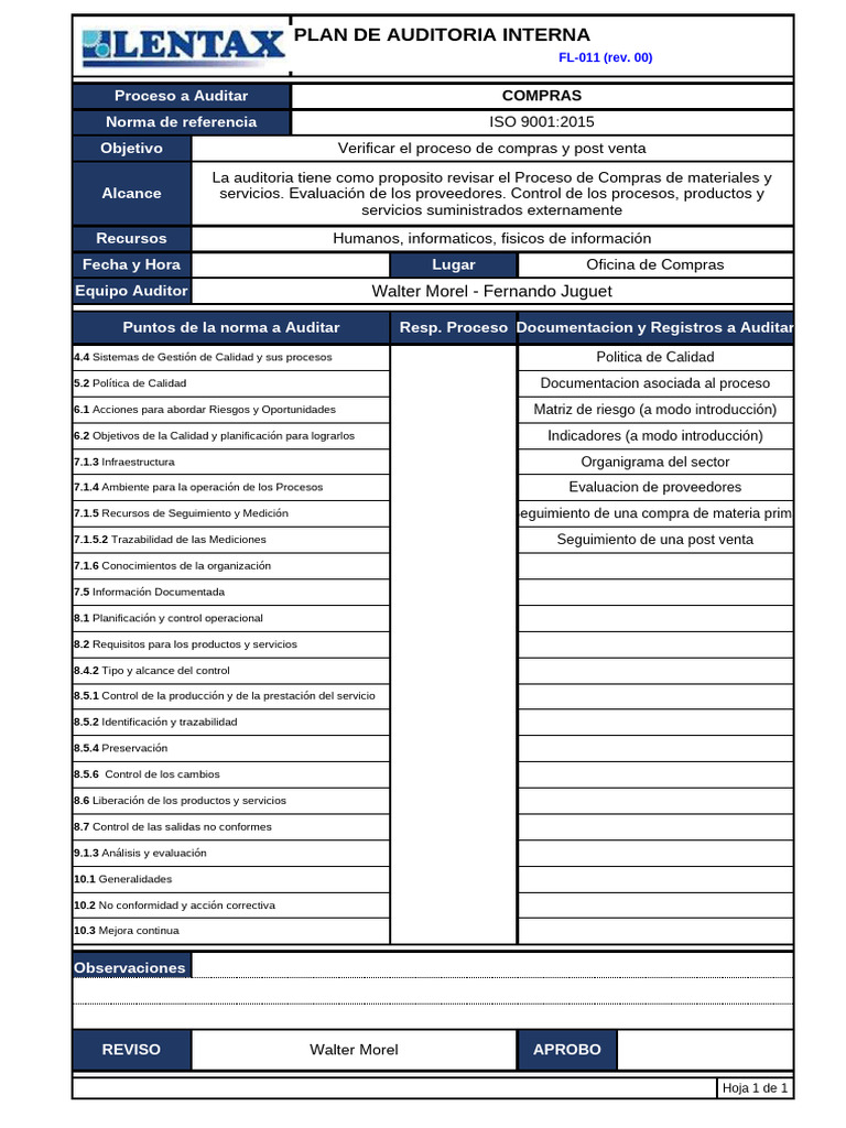 Auditoría del Proceso de Compras ISO 9001 | PDF | Auditoría | Sistema ...