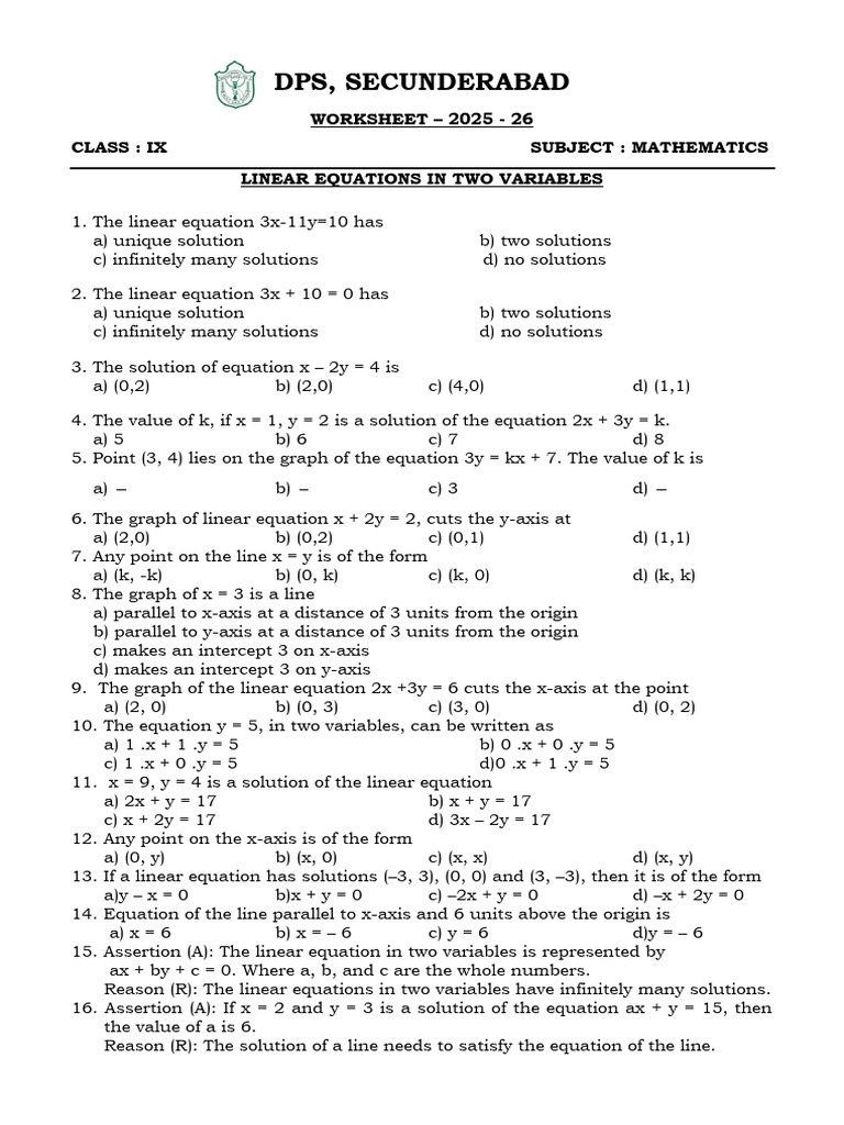 Class 9 Linear Equations Worksheet | PDF | Equations | Cartesian ...