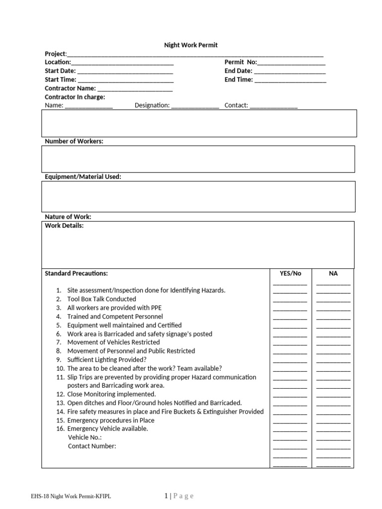 Night Work Permit Format | PDF | Fire Safety | Occupational Safety And ...