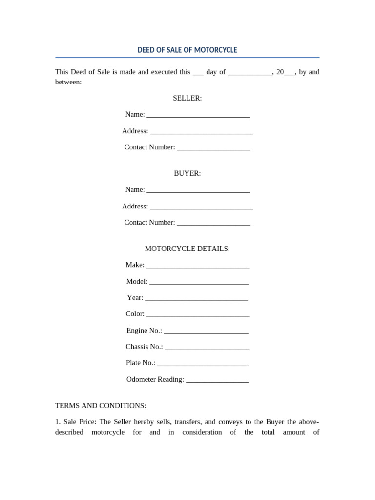 Motorcycle Deed of Sale Template | PDF