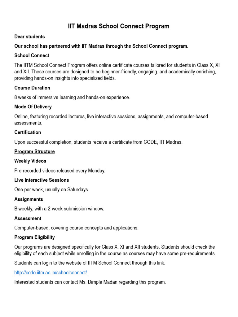 IIT Madras School Connect Program 2025 | PDF