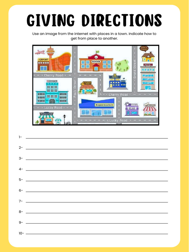Yellow White Illustrative Places in Town Worksheet | PDF