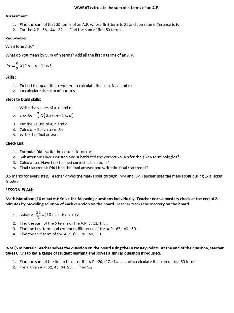 Sum of n Terms in Arithmetic Progression | PDF | Learning