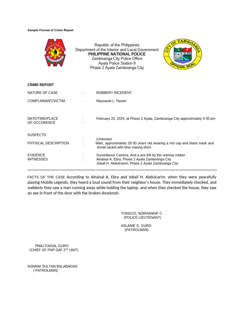 Zamboanga City Robbery Incident Report | PDF