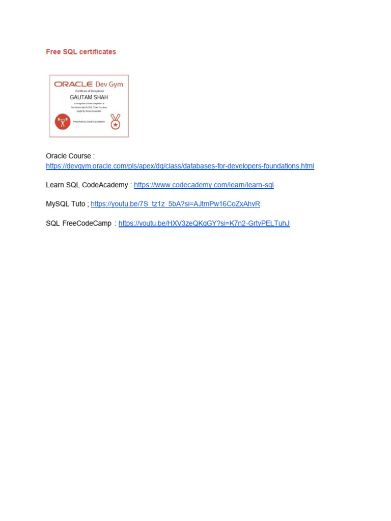 Free Oracle SQL Certification Resources | PDF