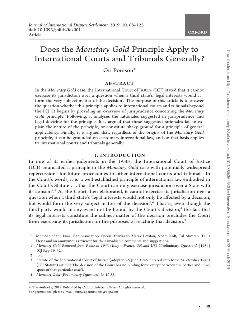Aplication of Monetary Gold Principle by Courts and Tribunals | PDF ...