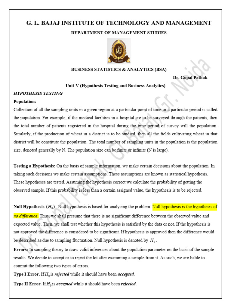 Hypothesis Testing in Business Analytics | PDF | Statistical ...