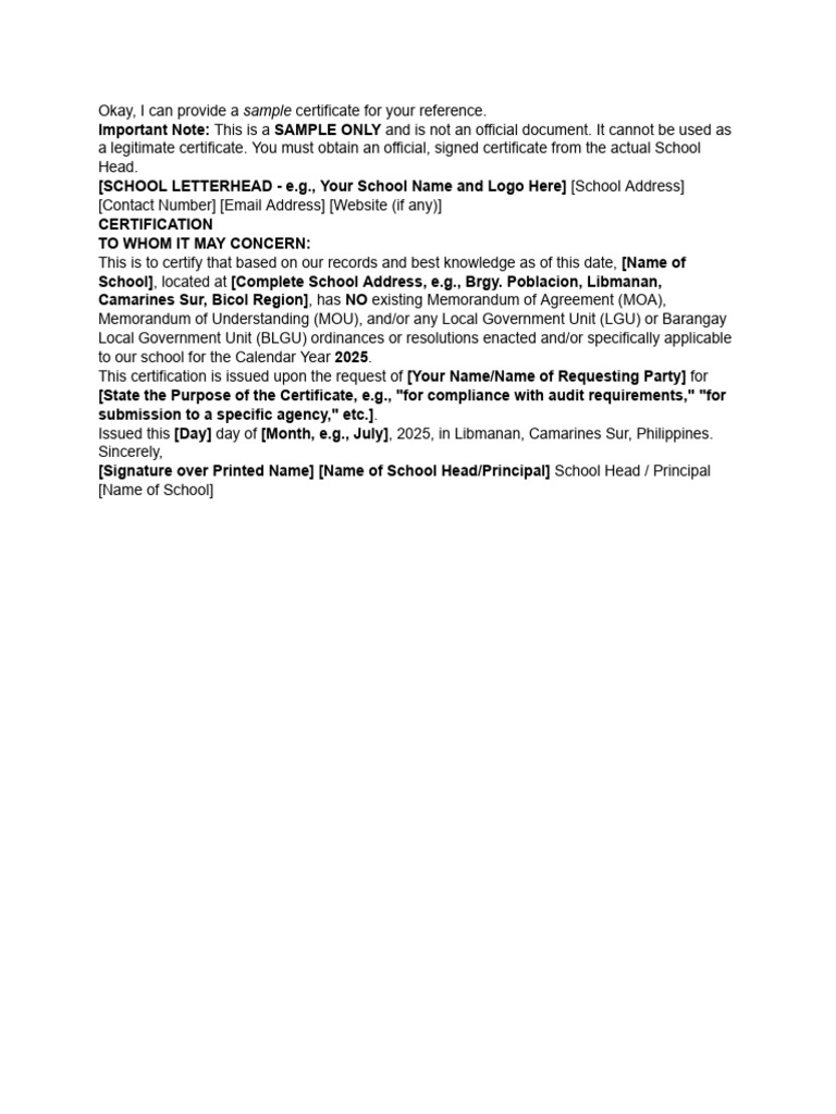 Sample School Certification Template | PDF