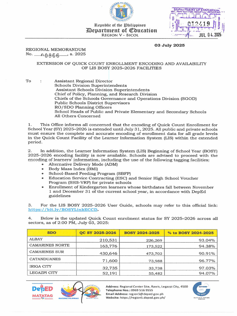 RM 00866 S 2025 Extension of Quick Count Enrollment Encoding and ...