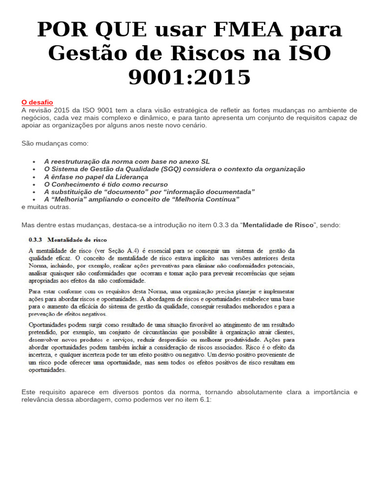 FMEA na Gestão de Riscos ISO 9001:2015 | PDF | Gestão de qualidade ...