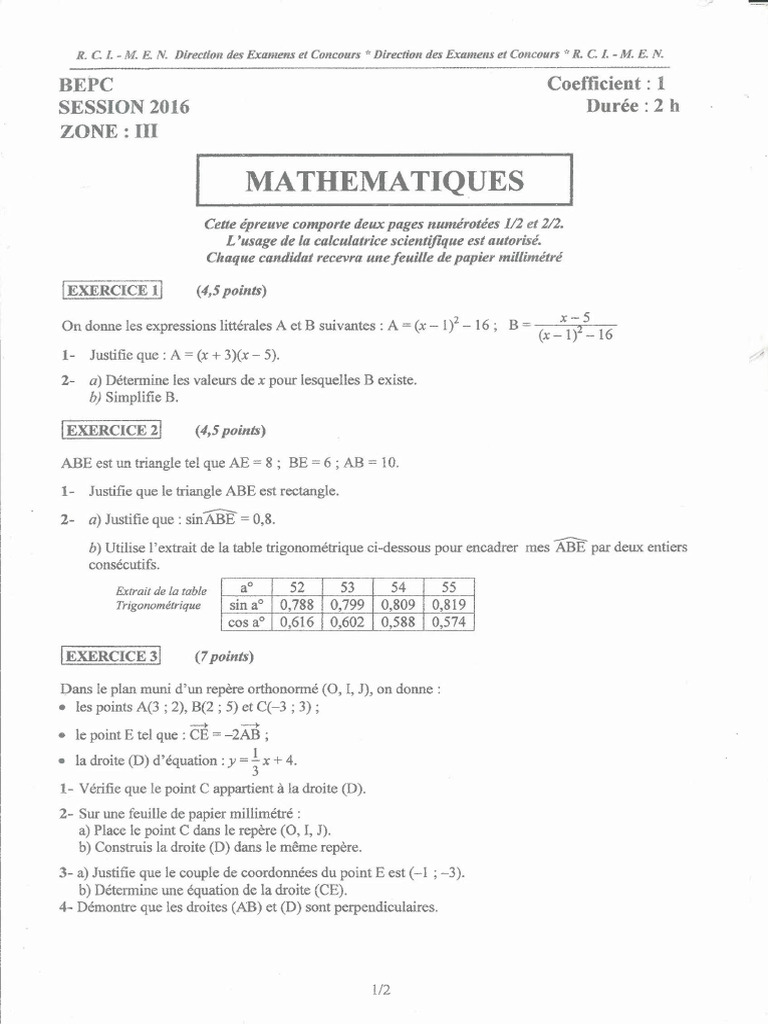 RCI BEPC 2016 Zone3 Mathematiques | PDF