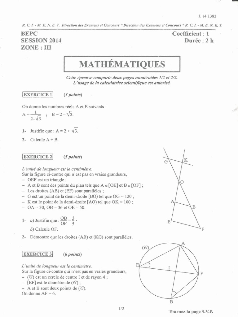 RCI BEPC 2014 Zone3 Maths | PDF