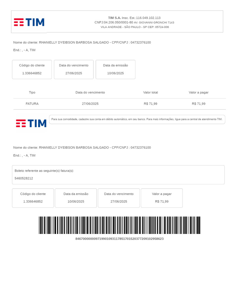 Fatura TIM - R$ 71,99 Venc. 27/06/2025 | PDF