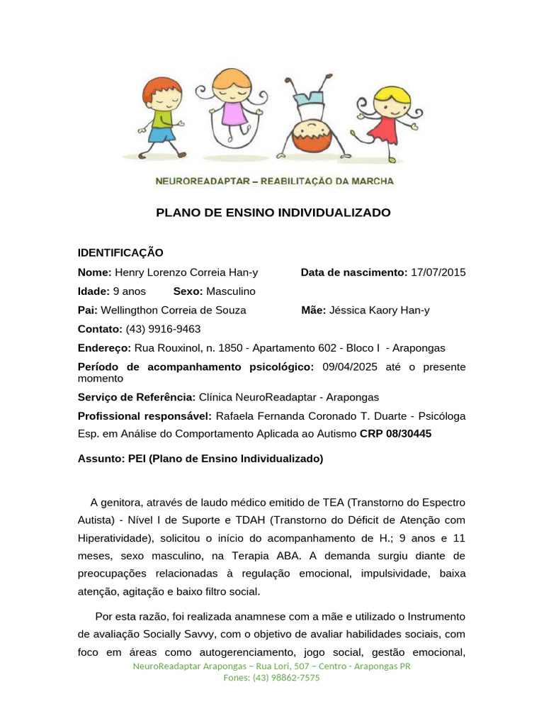 Plano de Ensino Individualizado para Autismo | PDF | Transtorno de ...