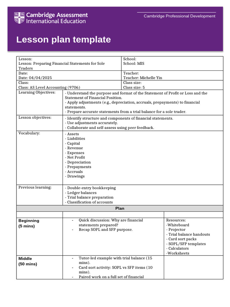 Financial Statements Lesson Plan for AS Level | PDF | Lesson Plan ...