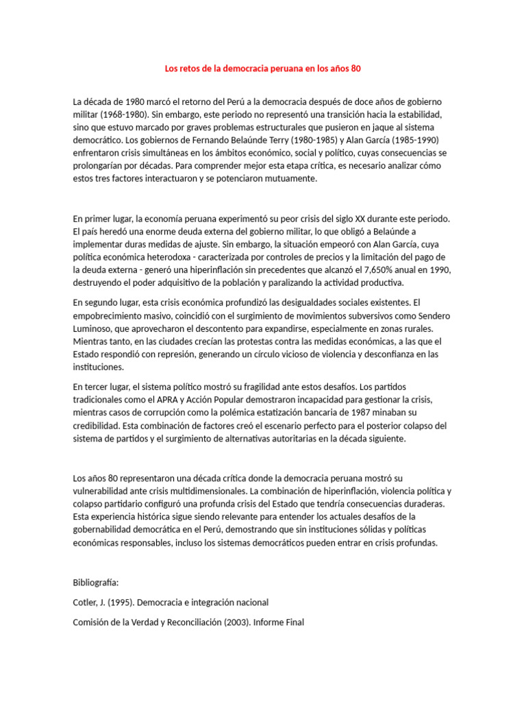 Retos de la democracia peruana en los 80 | PDF | Democracia ...