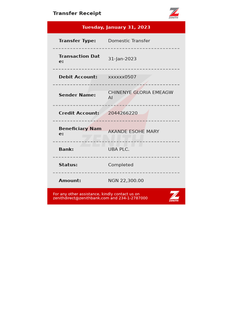 Zenith Bank Transfer Receipt | PDF