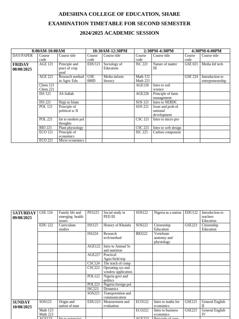 Second Semester Exam Timetable 2025 | PDF | Mathematics | Science
