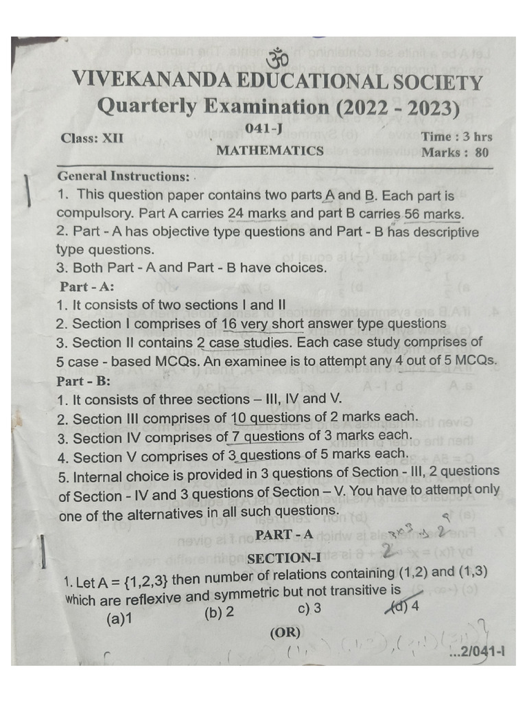 Maths 2022-23 Quarterly Ques Paper | PDF