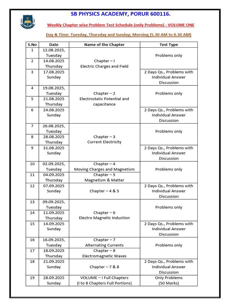 SB Physics Academy Weekly Test Schedule | PDF | Electromagnetism | Force