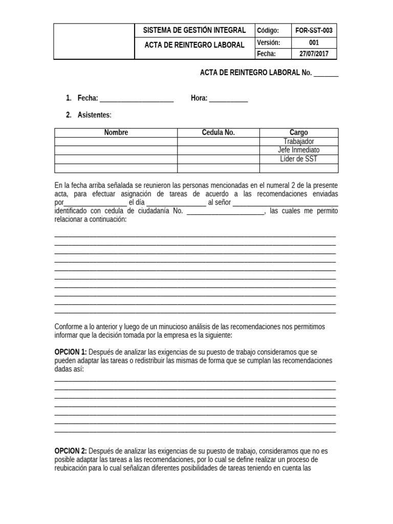 Acta de Reintegro Laboral 2017 | PDF