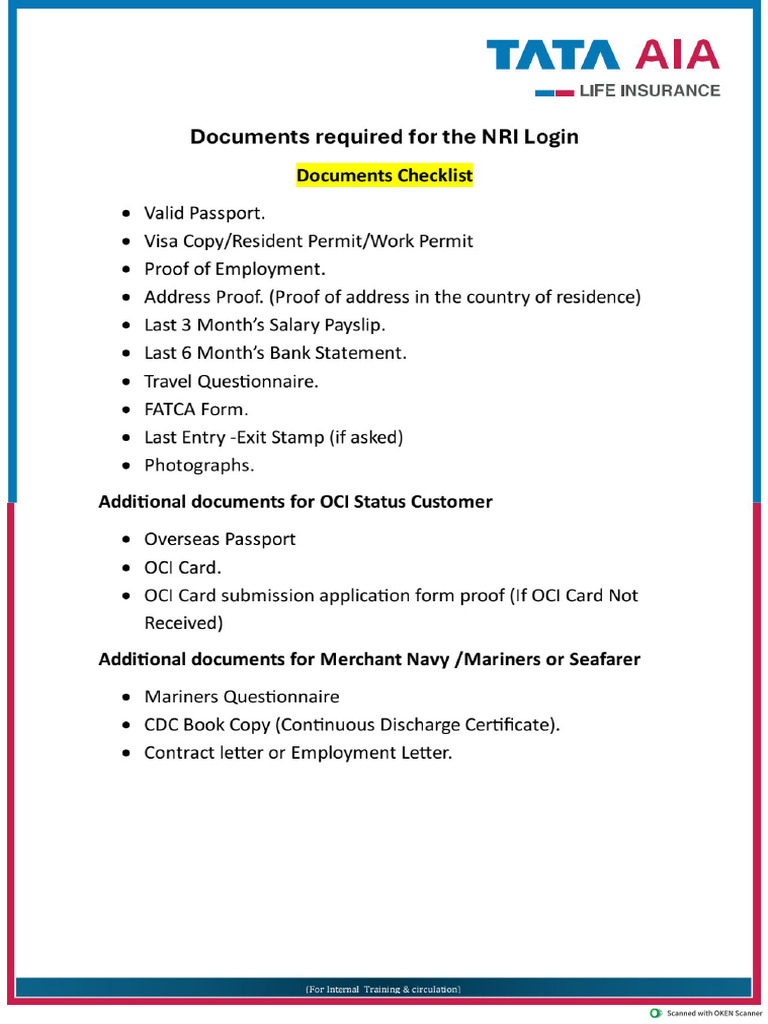 NRI OCI Login Document Checklist | PDF