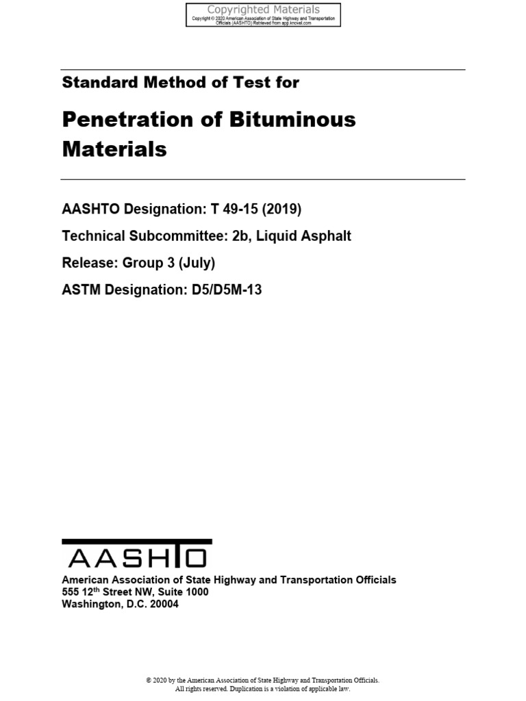 AASHTO T 49-15: Bituminous Penetration Test | PDF